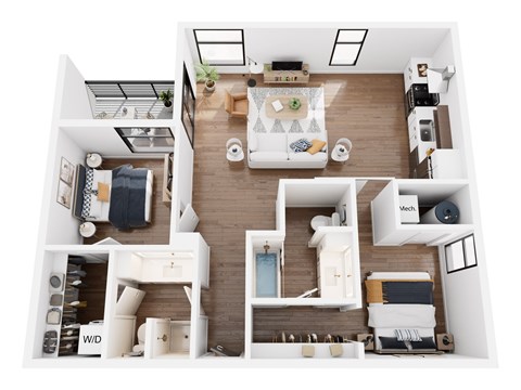 Floor plan for 2 beds, 2 baths, 910 sqft